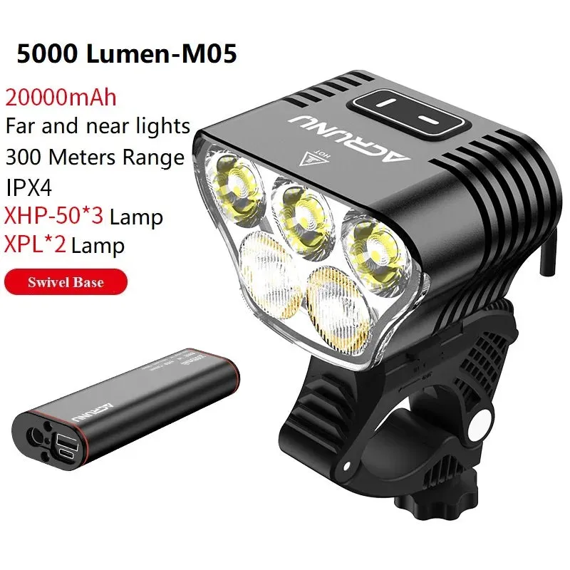 2023 Mountain Bike Light 5000 Lumens Bike Lights for Night Riding 20000 mAh USB Rechargeable IP64 Waterproof MTB Bike Headlight