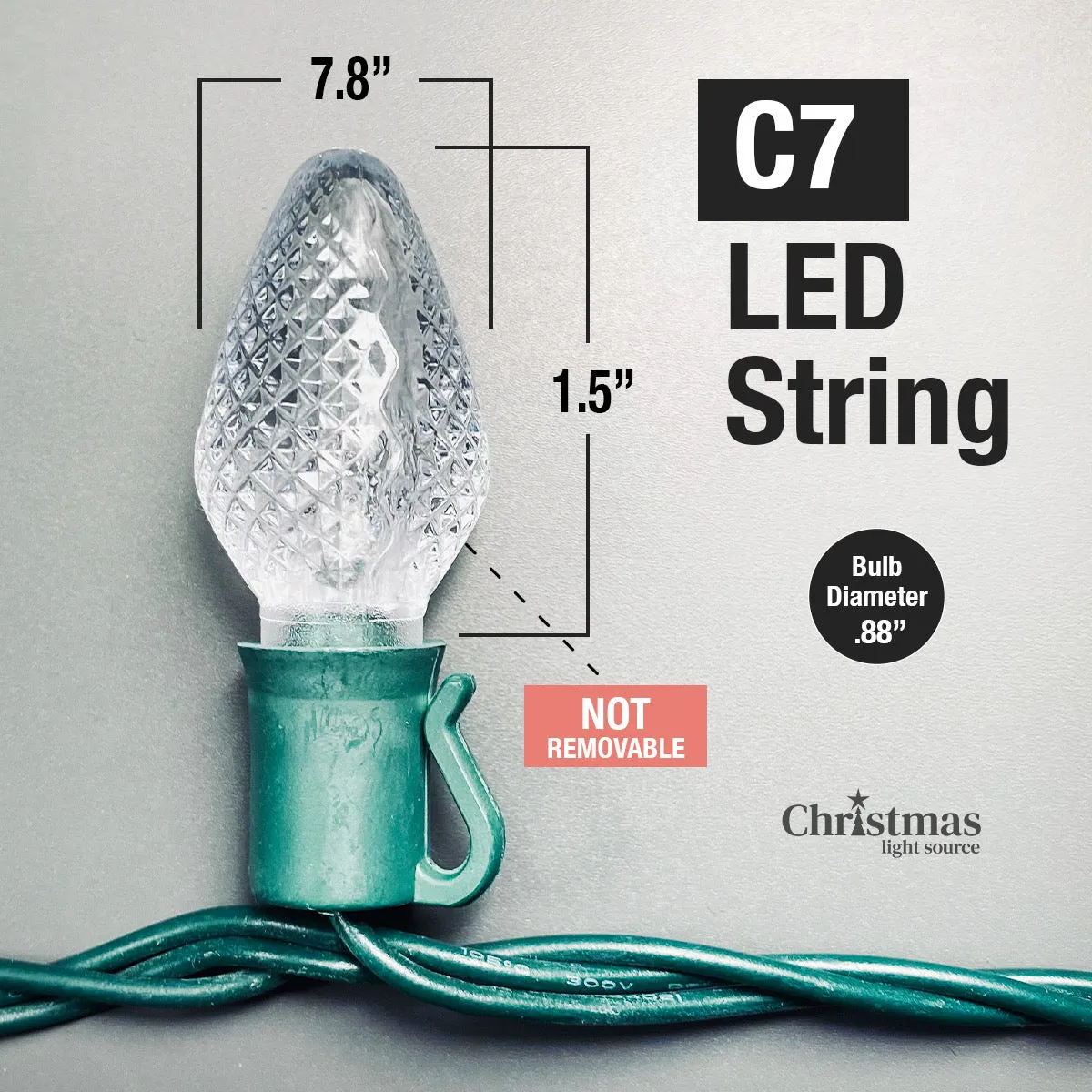 25-light C7 Blue LED Christmas Lights, 8" Spacing Green Wire