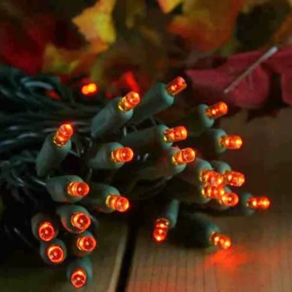 50-light  5mm Orange LED Christmas Lights, 4" Spacing Green Wire