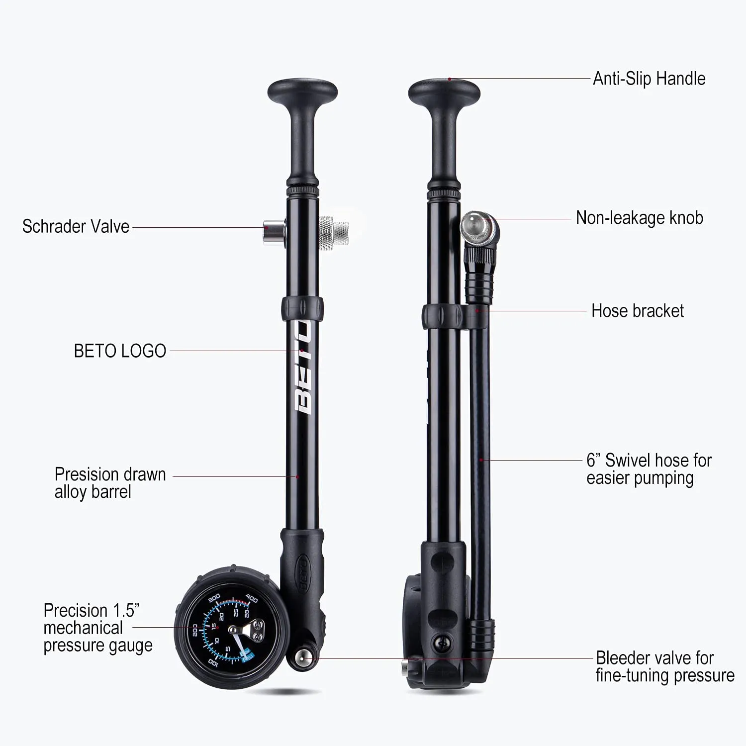 BETO High Pressure Shock Pump - (400 PSI Max) MTB Bike Shock Pump for Fork & Rear Suspension with No-Loss Schrader Valve