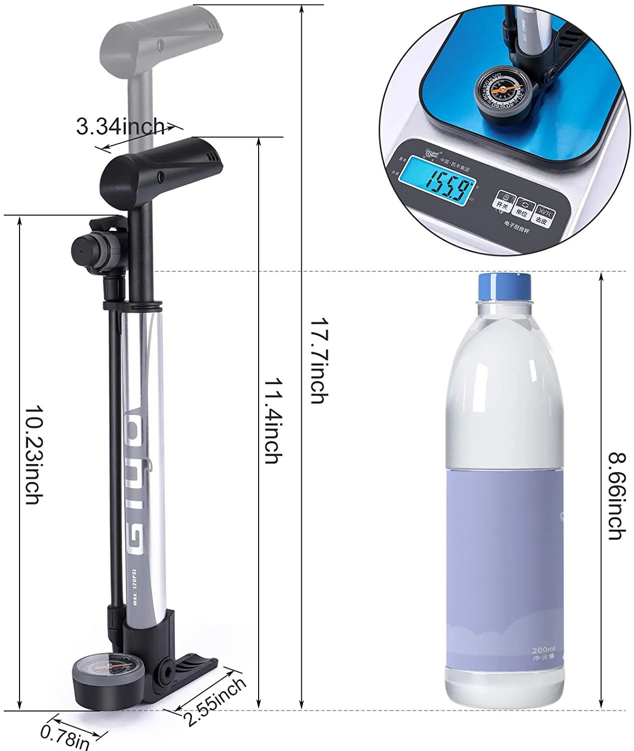 GIYO Bike Pump with Pressure Gauge - Mini Portable Bicycle Tire Pump - 120 PSI Bike Air Pump fits Presta & Schrader & Dunlop Valve - Road MT