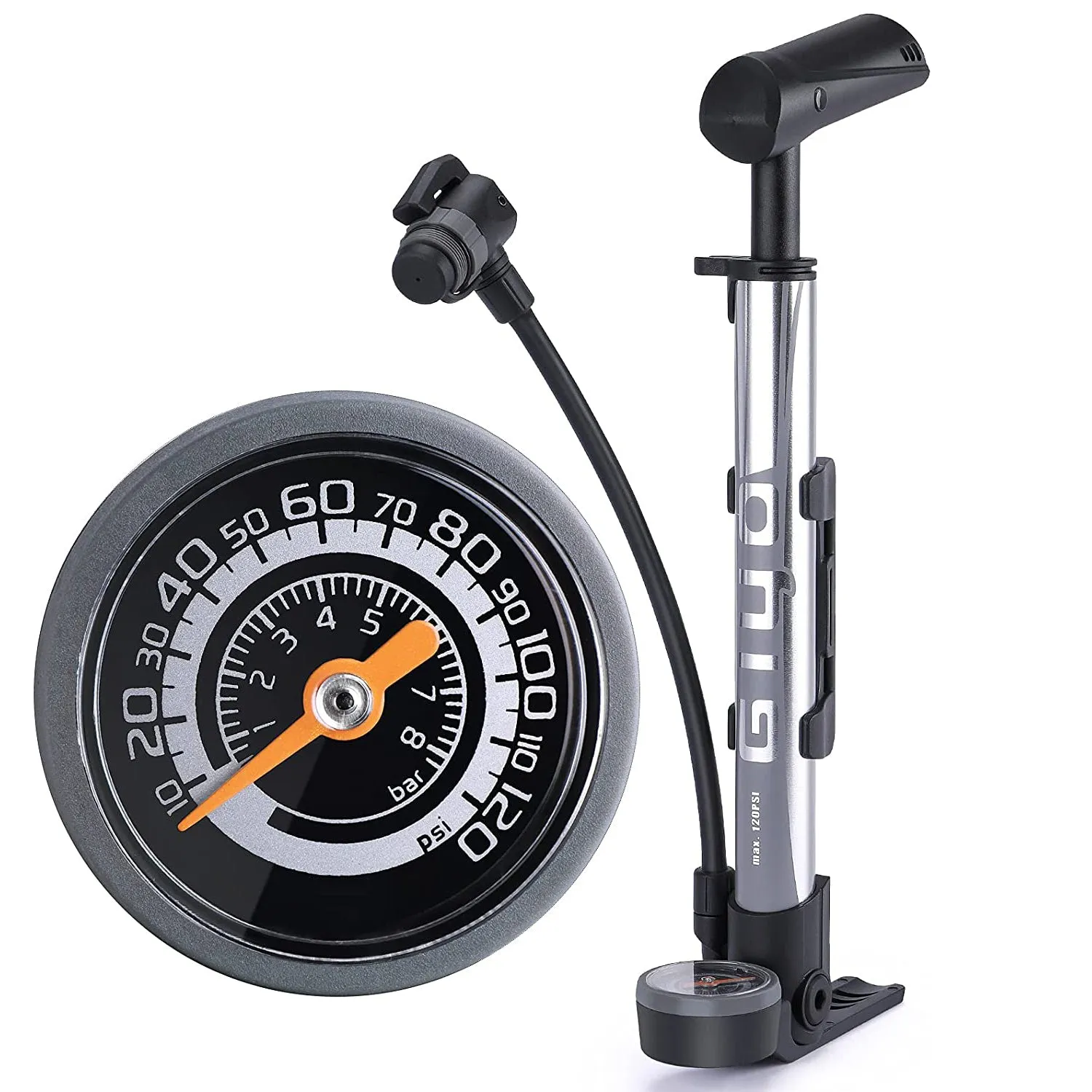 GIYO Bike Pump with Pressure Gauge - Mini Portable Bicycle Tire Pump - 120 PSI Bike Air Pump fits Presta & Schrader & Dunlop Valve - Road MT