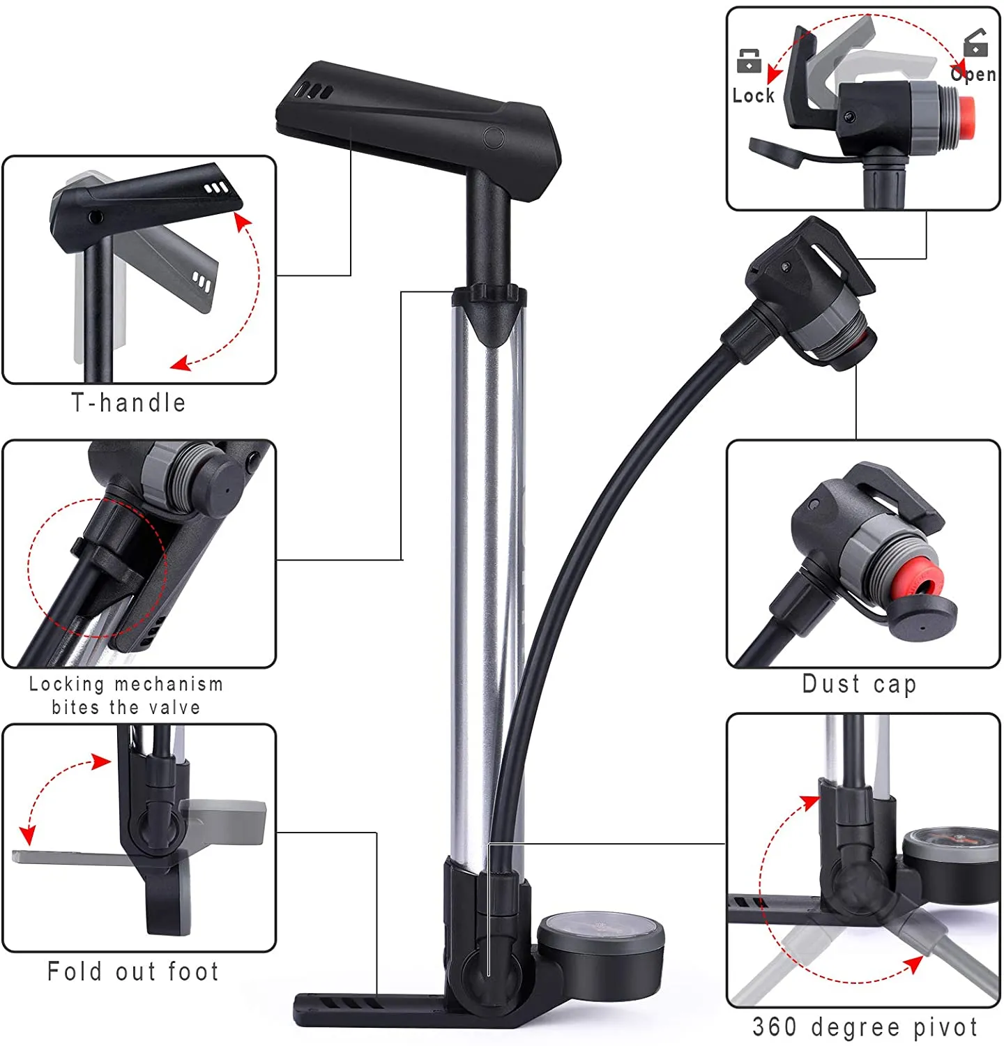 GIYO Bike Pump with Pressure Gauge - Mini Portable Bicycle Tire Pump - 120 PSI Bike Air Pump fits Presta & Schrader & Dunlop Valve - Road MT