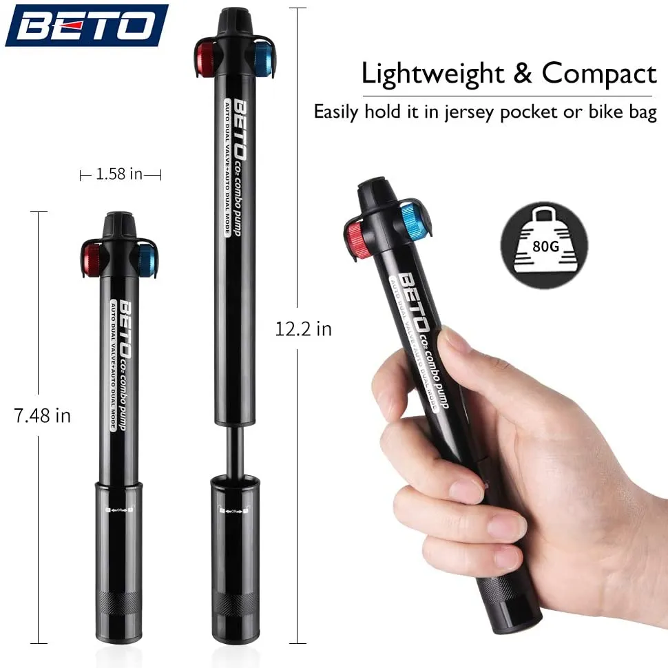 Mini Bike Pump with CO2 Inflator - Dual Mode Hand Pump/ CO2 Valve - Portable Bike Tire Pump Patented Auto-Switching Twin Head Fit Presta/Sch