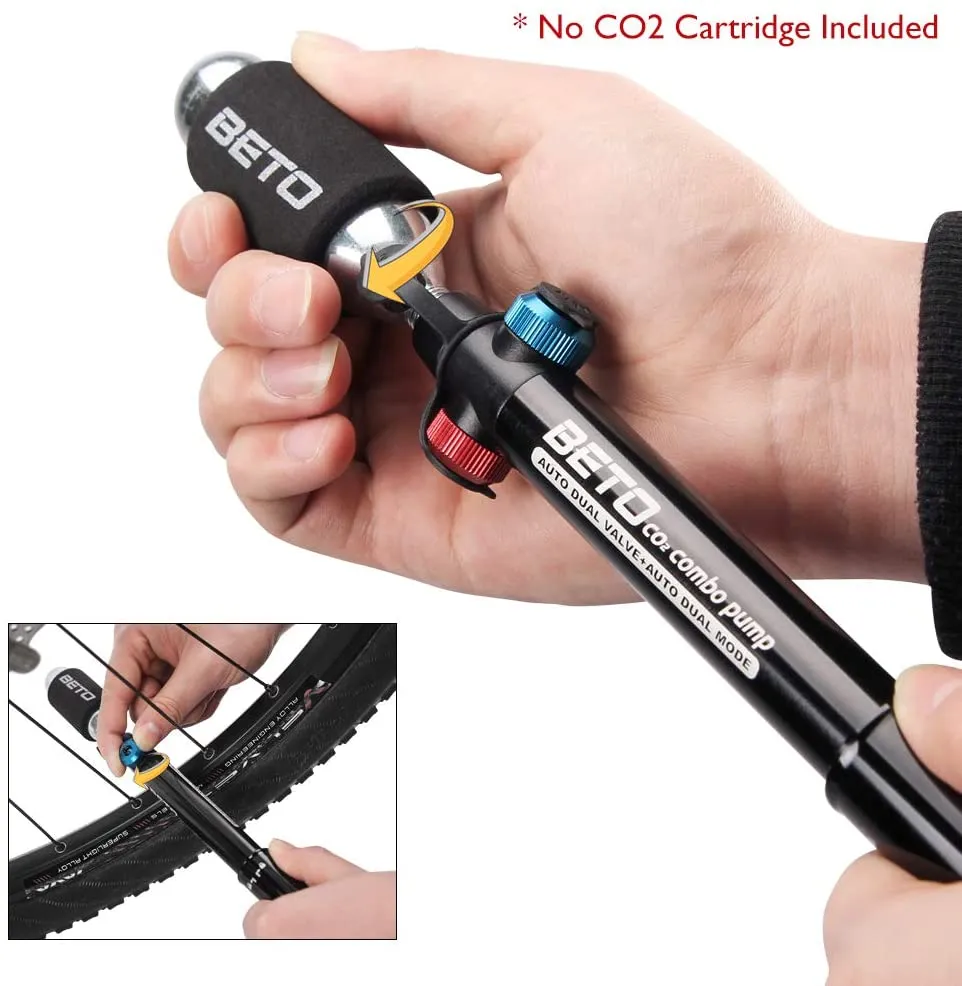 Mini Bike Pump with CO2 Inflator - Dual Mode Hand Pump/ CO2 Valve - Portable Bike Tire Pump Patented Auto-Switching Twin Head Fit Presta/Sch