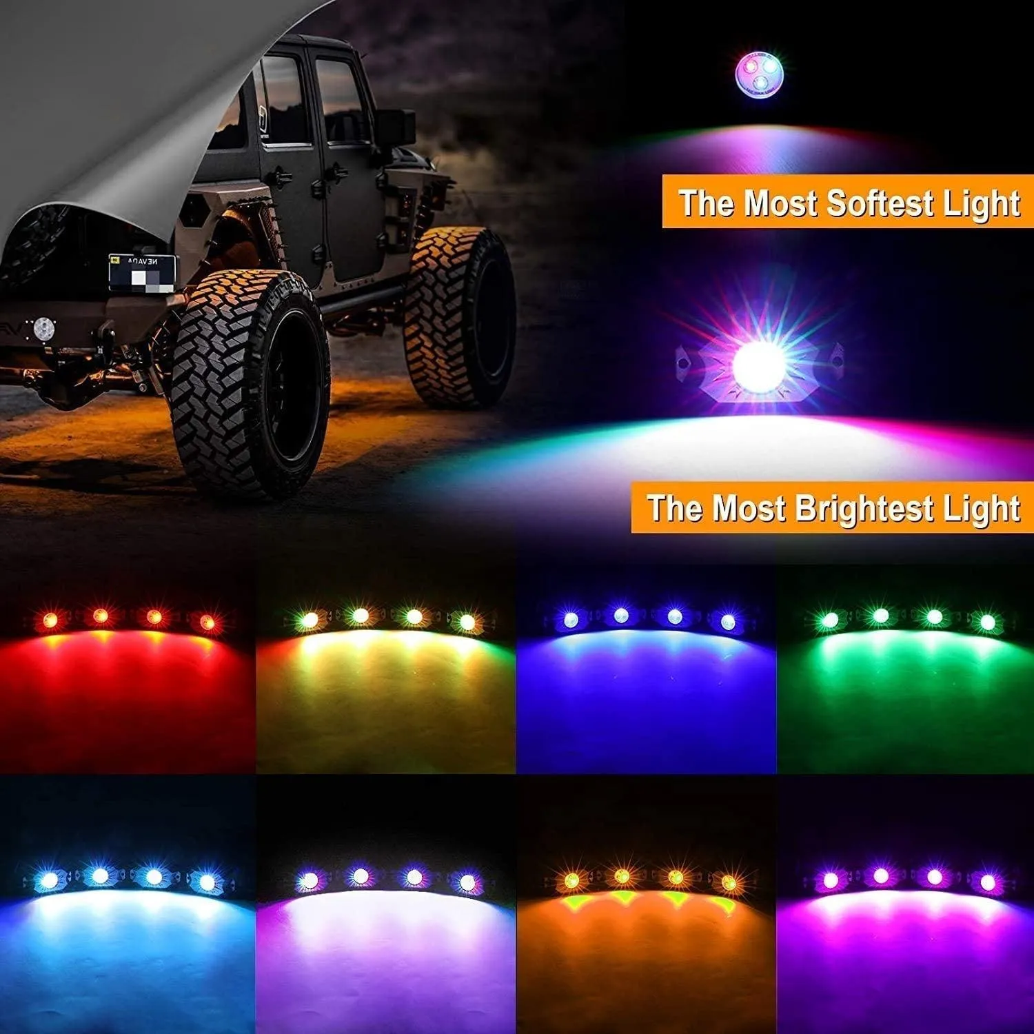 New 52 Inch V-PRO Series Curved RGBW Color Changing Off Road Led Light Bar & RGB LED Rock Light Set Combo