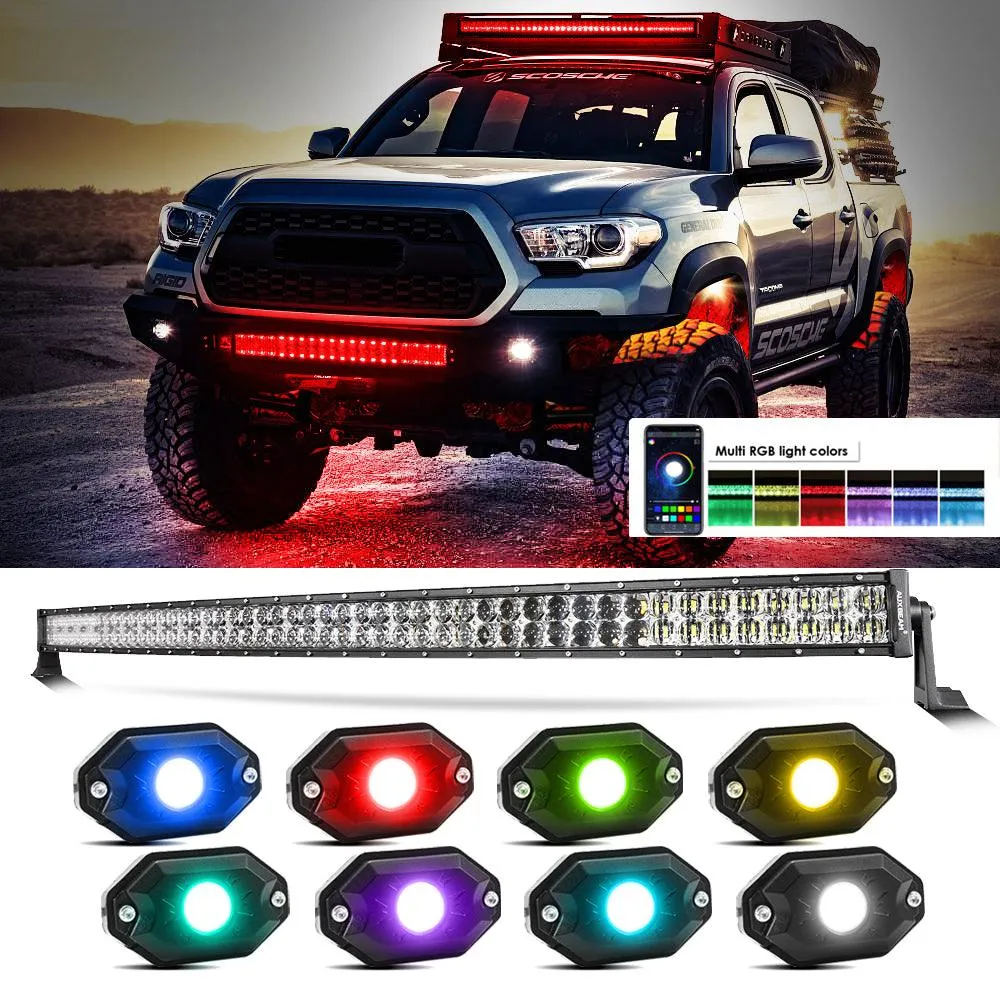 New 52 Inch V-PRO Series Curved RGBW Color Changing Off Road Led Light Bar & RGB LED Rock Light Set Combo