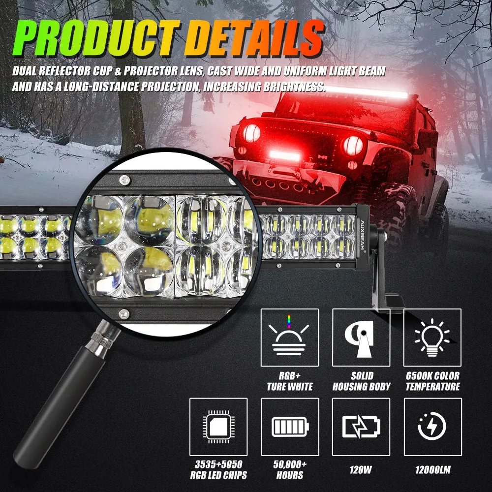 New 52 Inch V-PRO Series Curved RGBW Color Changing Off Road Led Light Bar & RGB LED Rock Light Set Combo