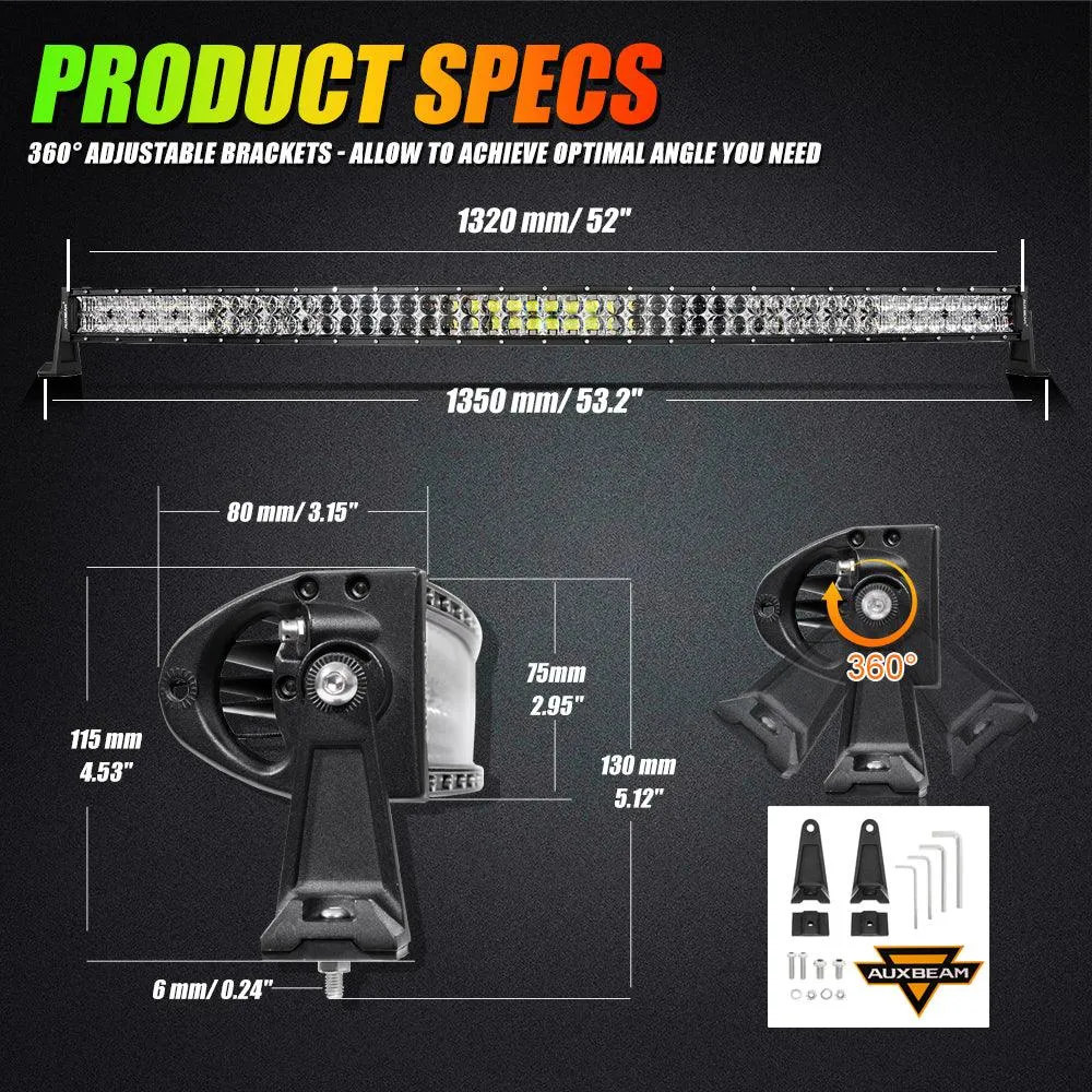 New 52 Inch V-PRO Series Curved RGBW Color Changing Off Road Led Light Bar & RGB LED Rock Light Set Combo