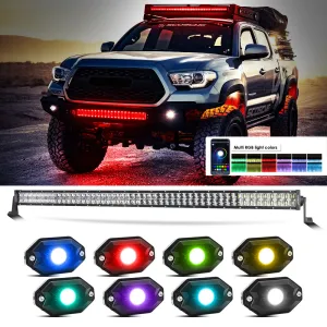 New 52 Inch V-PRO Series Straight RGBW Color Changing Off Road Led Light Bar & RGB LED Rock Light Set Combo