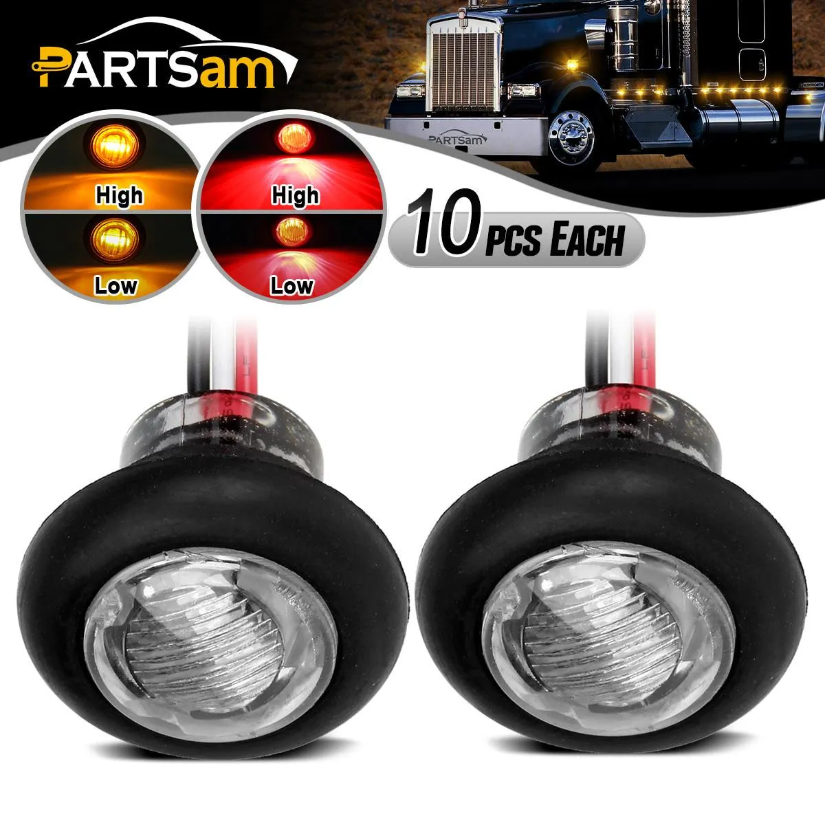 Partsam 20 x 3/4inch Round Led Light Trailer Boat Marker Clearance High Low 3SMD Clear Lens, 3/4inch round LED combination turn signal running lamp fender lights 3-WIRE assembly Taillights(10Red 10Amber)