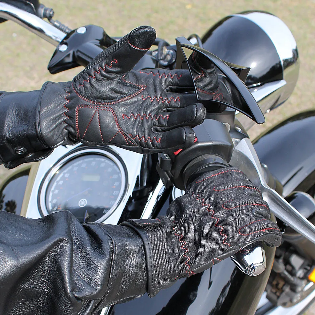 Red Stitch Denim & Leather Women's Motorcycle Gloves #G8168DR