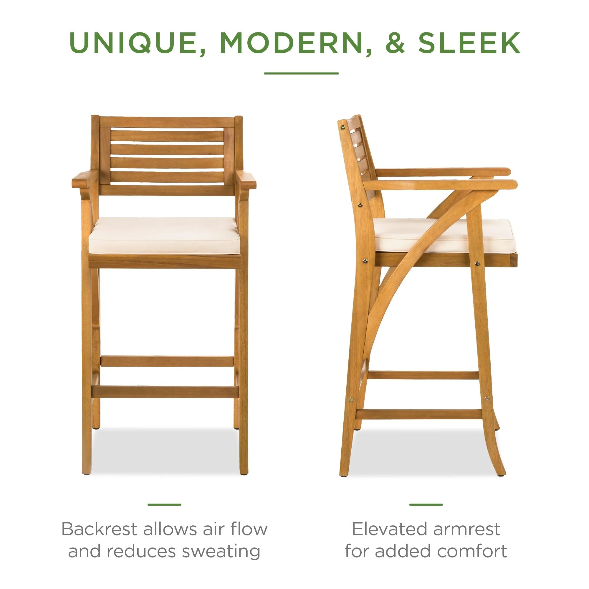 Set of 2 Outdoor Acacia Wood Bar Stools Chairs w/ Weather-Resistant Cushions