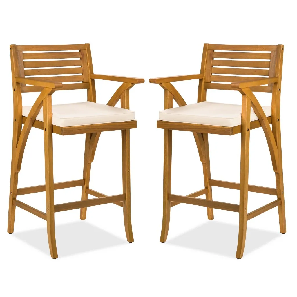 Set of 2 Outdoor Acacia Wood Bar Stools Chairs w/ Weather-Resistant Cushions