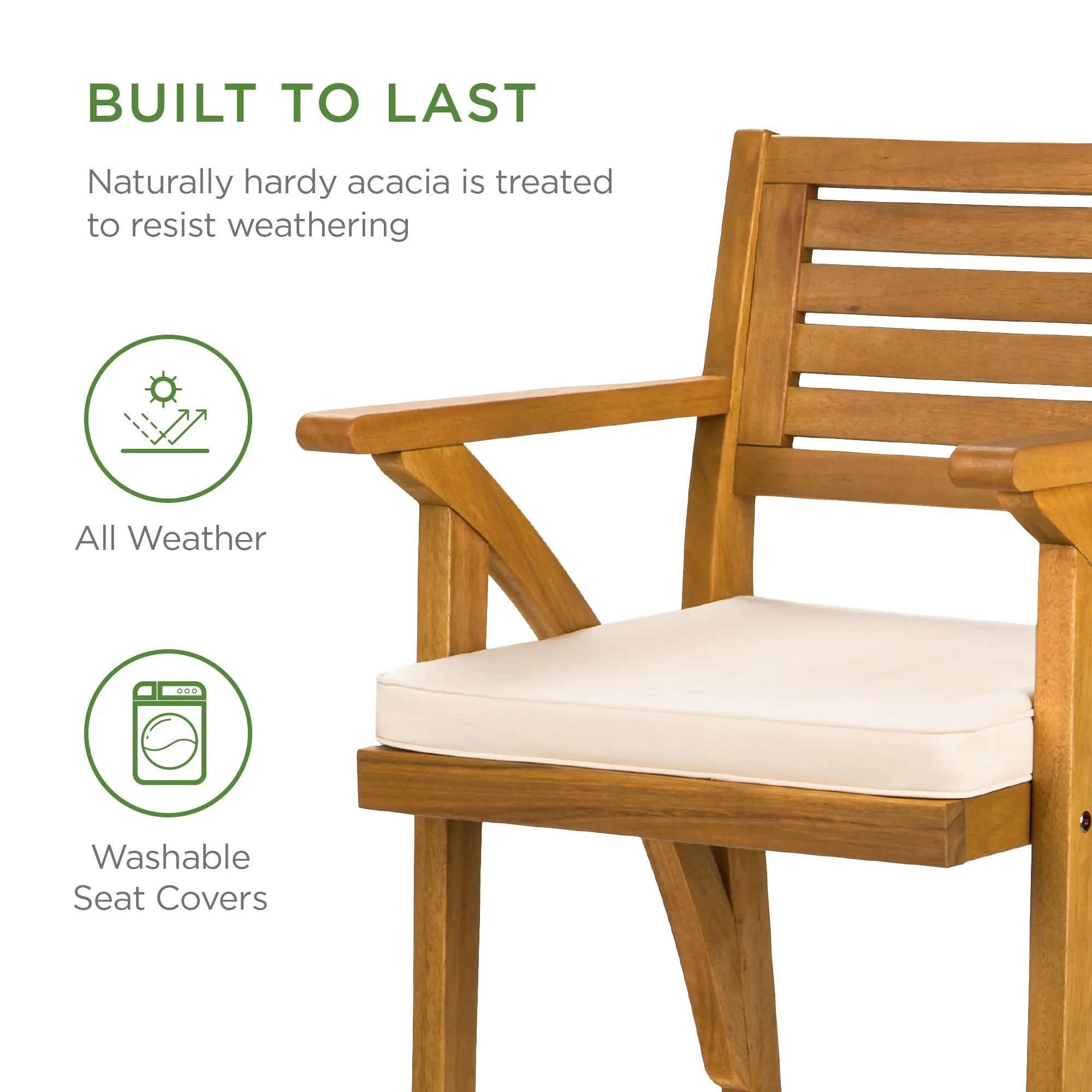 Set of 2 Outdoor Acacia Wood Bar Stools Chairs w/ Weather-Resistant Cushions